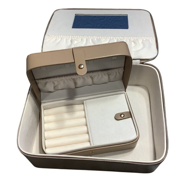 Rectangular Jewelry Organizer Mirror Tan 9"x7"x3" Travel Case 6.5"x4"x2.5" - Picture 3 of 4